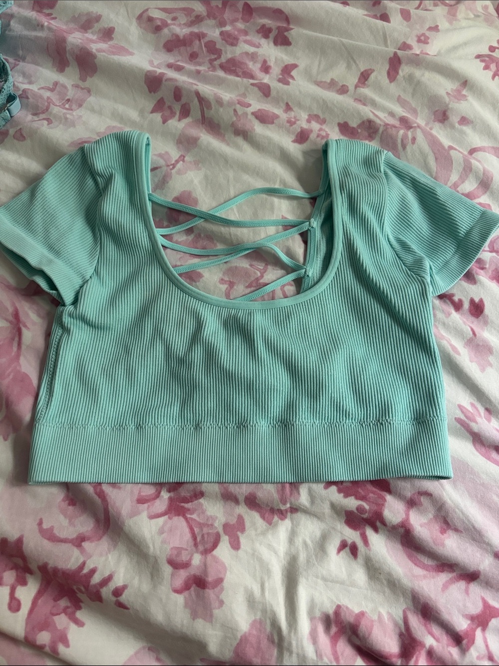 aerie Cyan Ribbed Crisscross-Back Crop Top